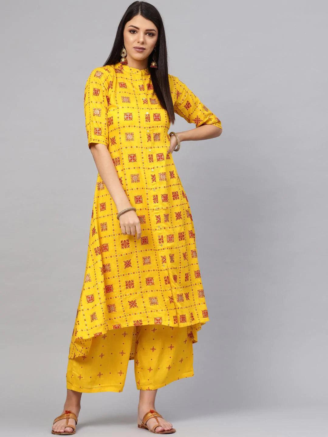 Yellow Printed Cotton Blend Kurta Set - ShopLibas