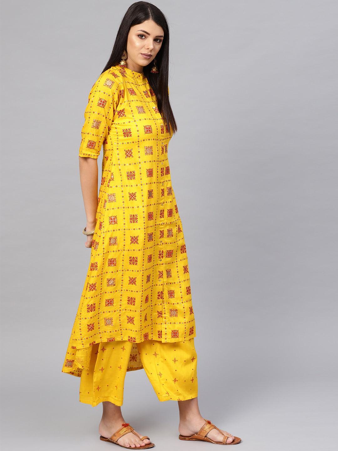 Yellow Printed Cotton Blend Kurta Set - ShopLibas