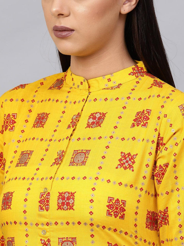 Yellow Printed Cotton Blend Kurta Set - ShopLibas