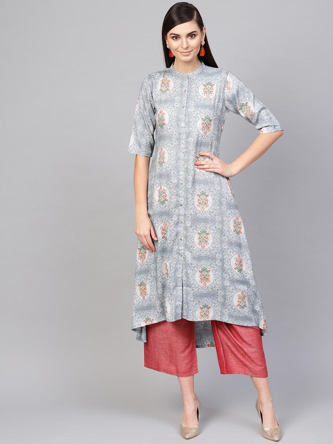 Grey Printed Cotton Blend Kurta Set