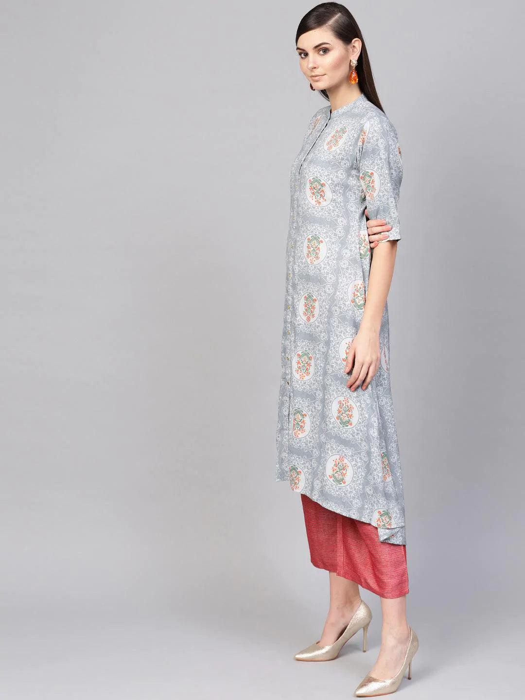 Grey Printed Cotton Blend Kurta Set