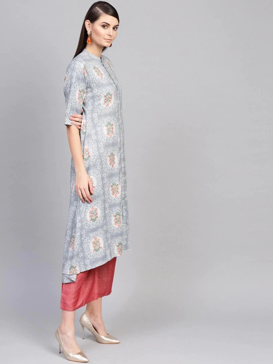 Grey Printed Cotton Blend Kurta Set