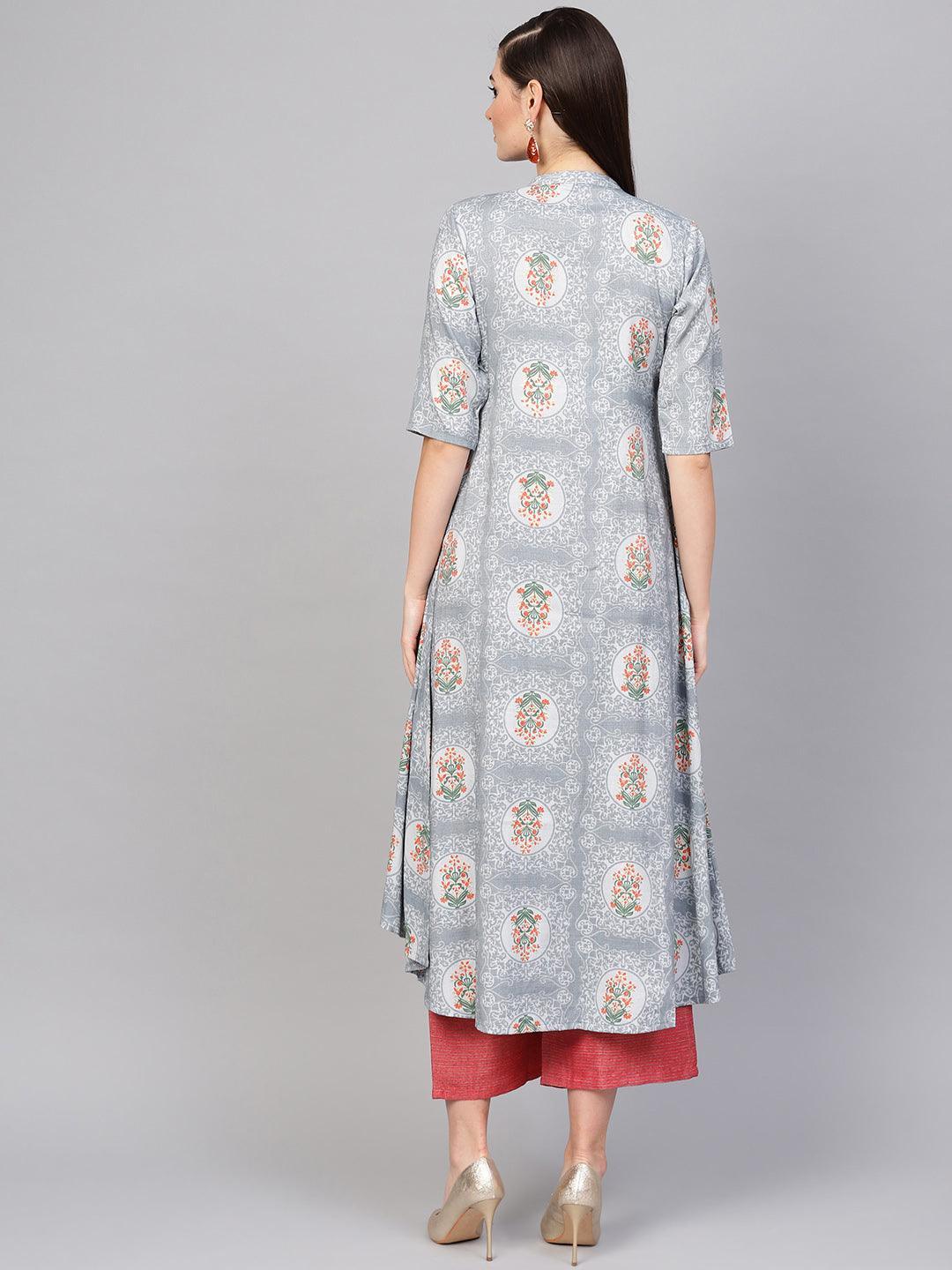 Grey Printed Cotton Blend Kurta Set