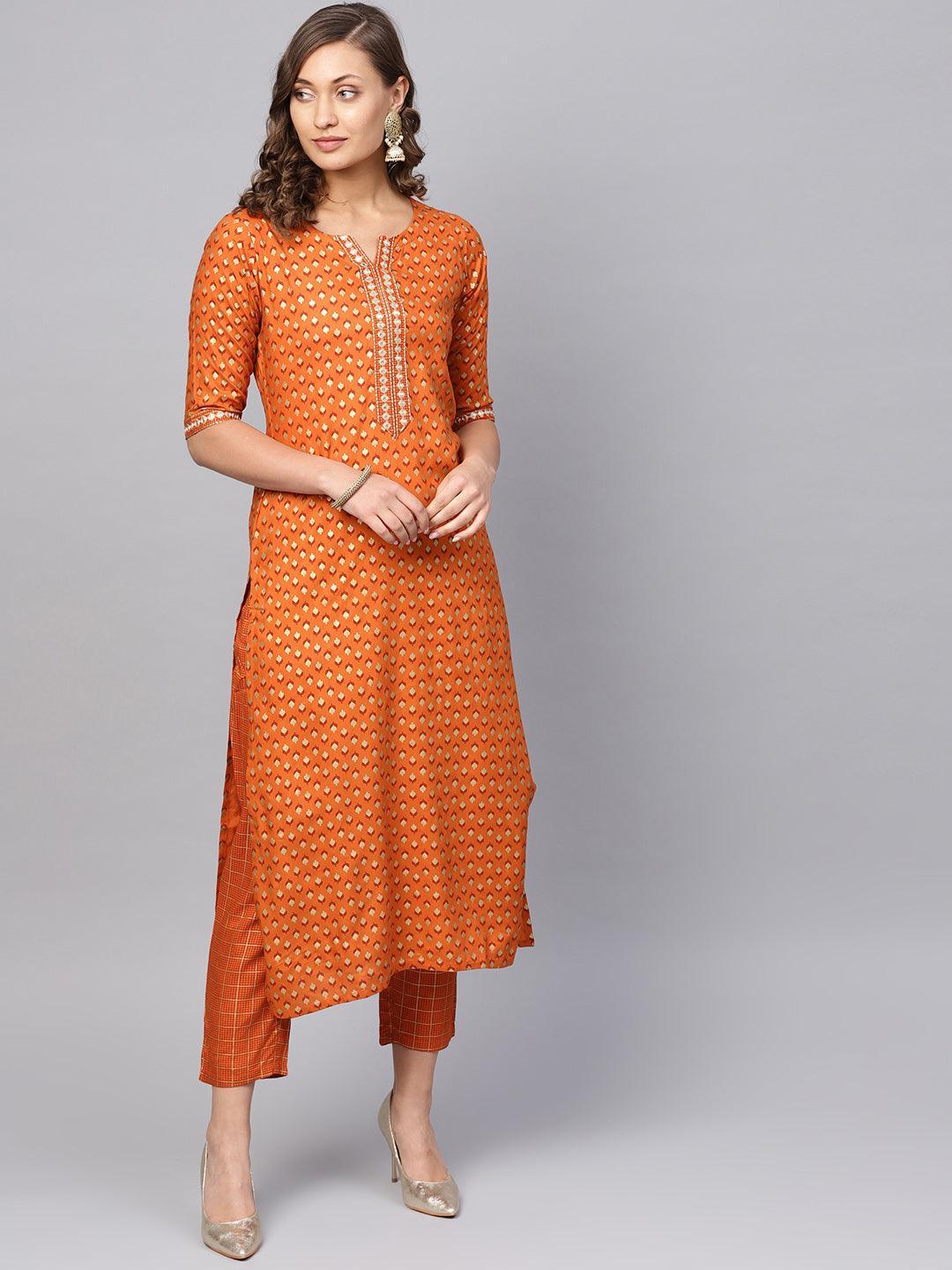 Orange Printed Rayon Kurta Set - ShopLibas