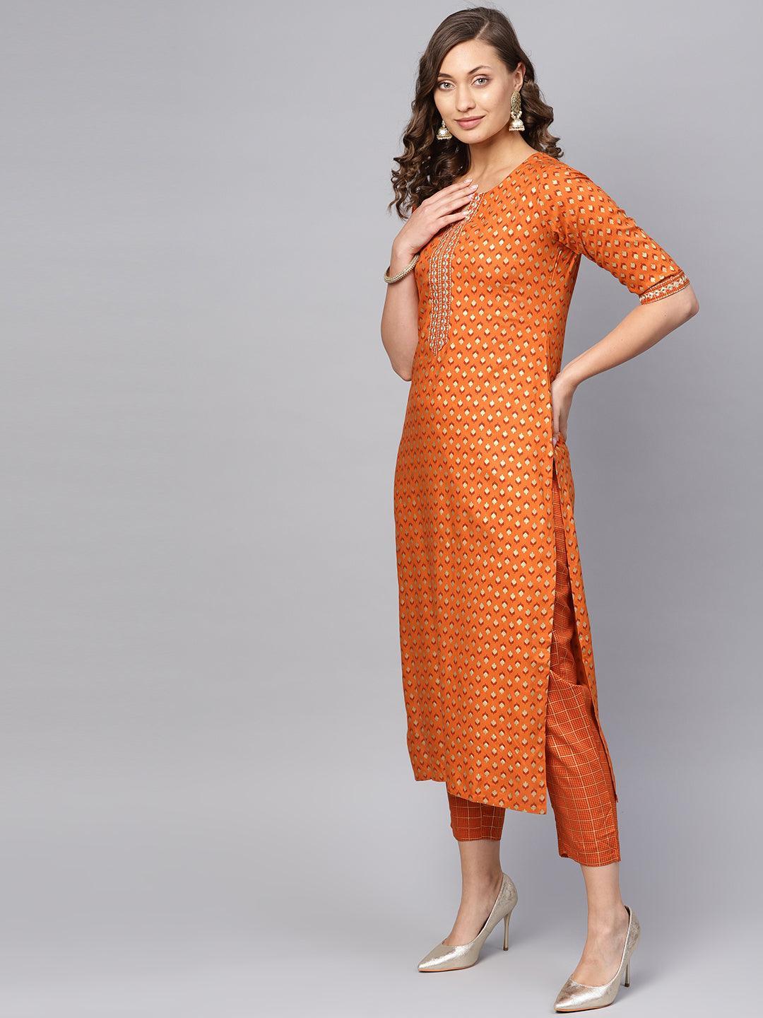 Orange Printed Rayon Kurta Set - ShopLibas