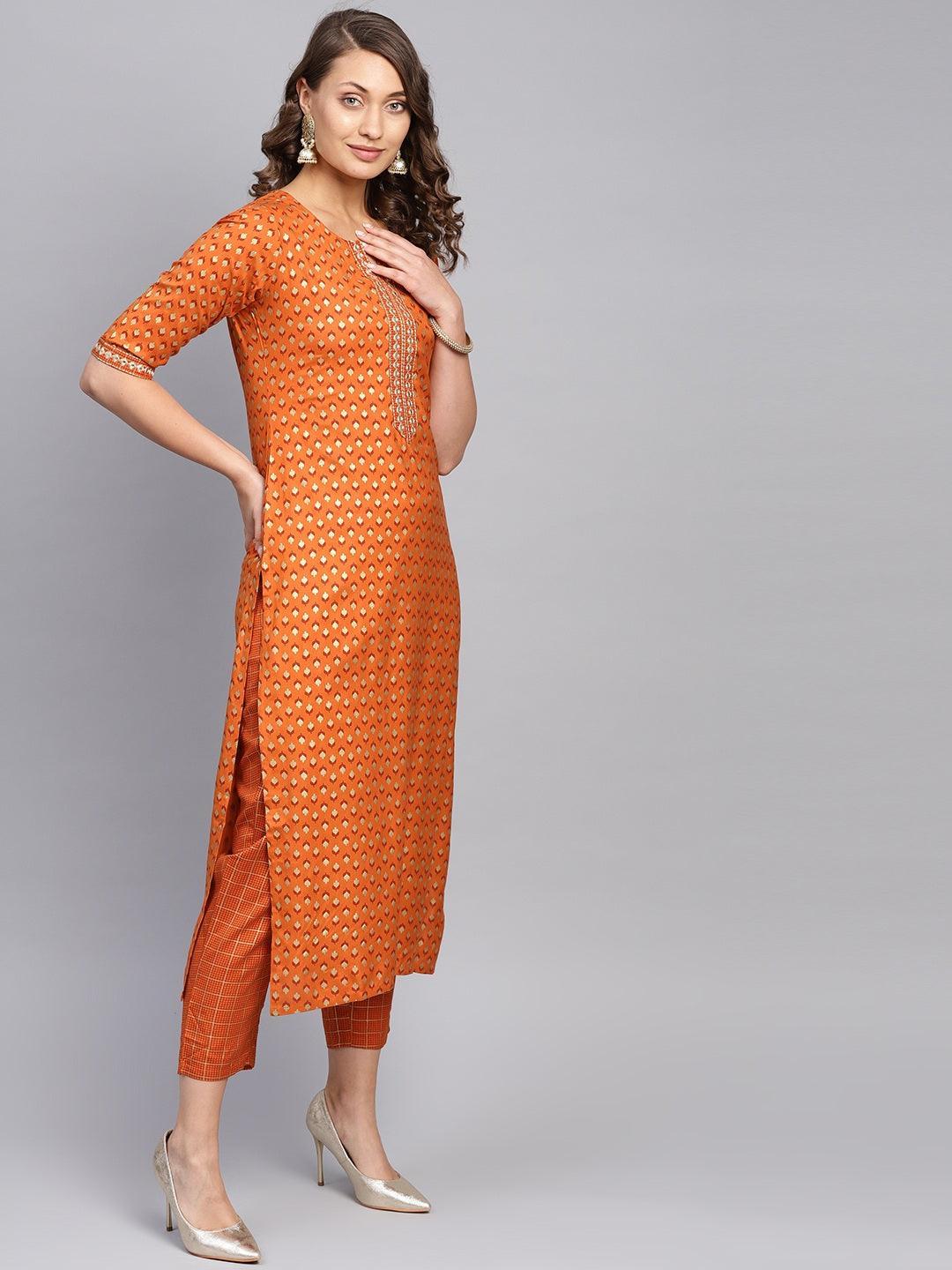 Orange Printed Rayon Kurta Set - ShopLibas