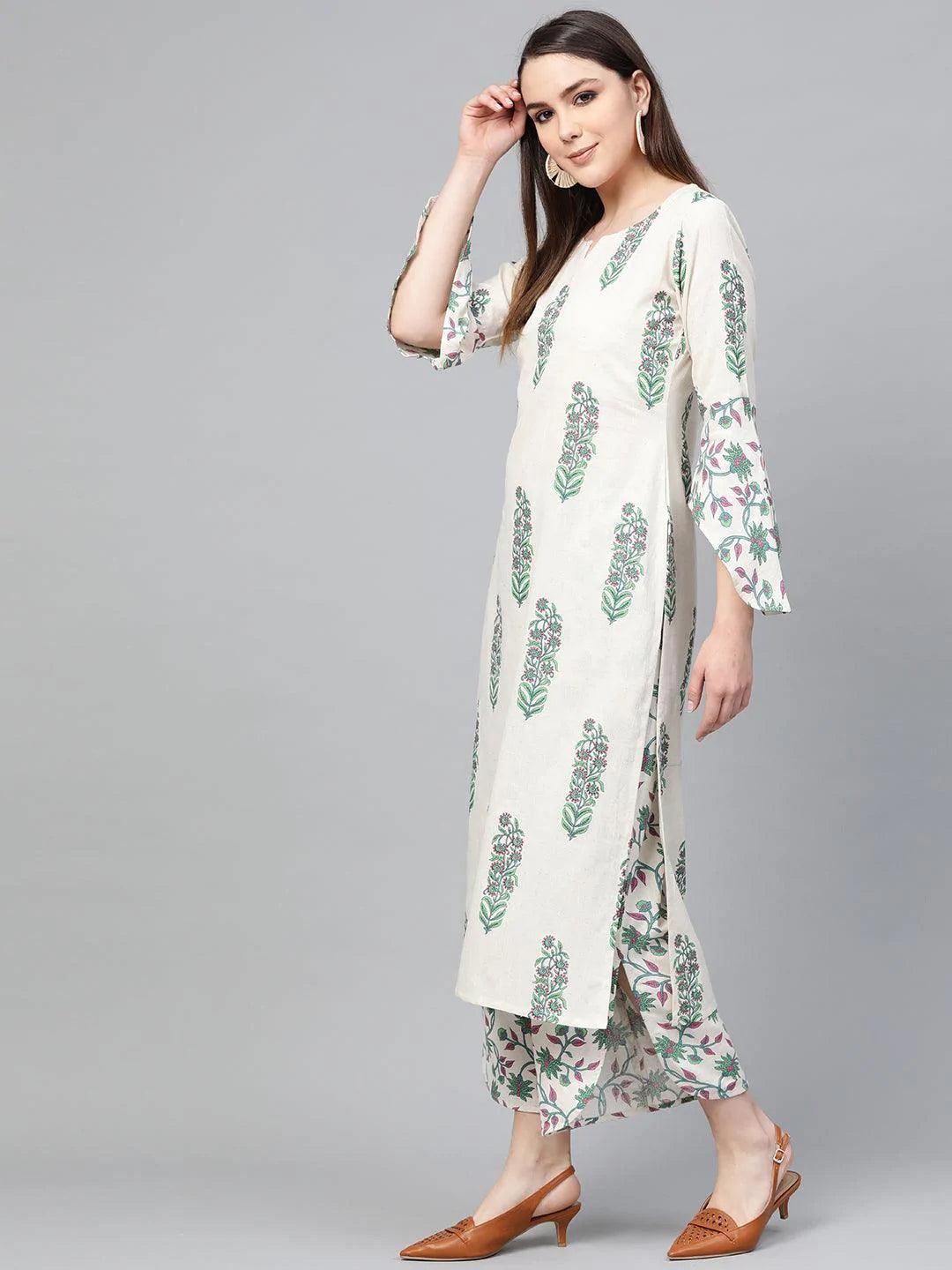 Off White Printed Cotton Kurta Set - ShopLibas