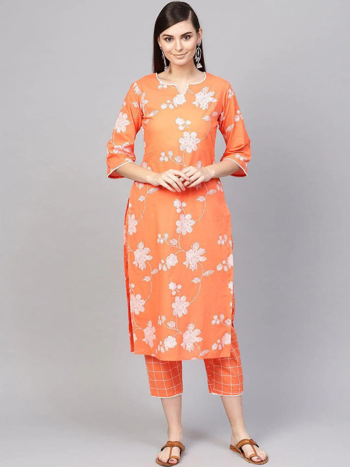 Orange Printed Cotton Kurta Set - ShopLibas