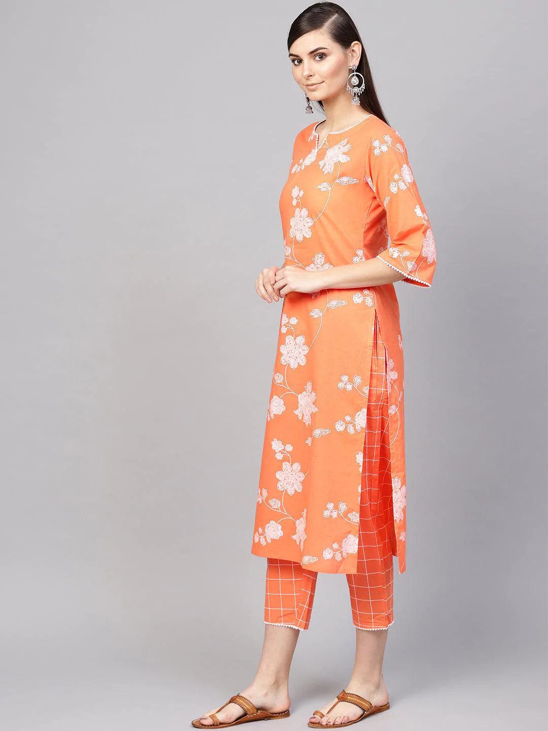 Orange Printed Cotton Kurta Set - ShopLibas