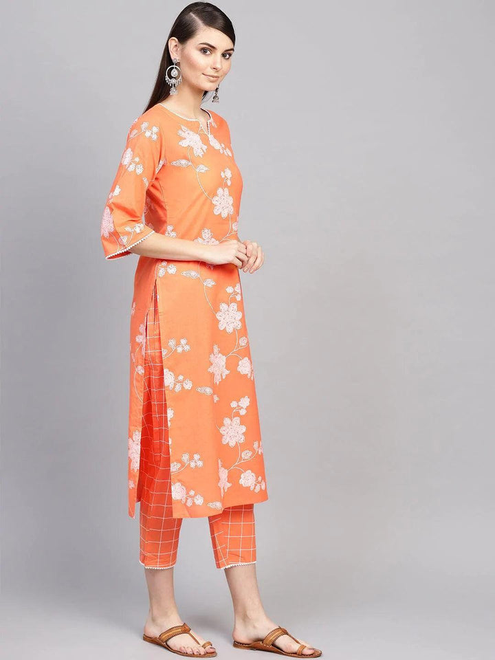 Orange Printed Cotton Kurta Set - ShopLibas