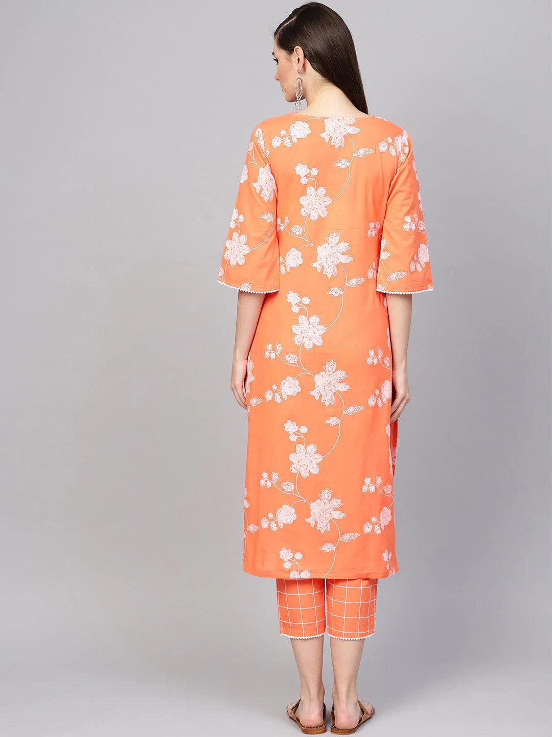 Orange Printed Cotton Kurta Set - ShopLibas