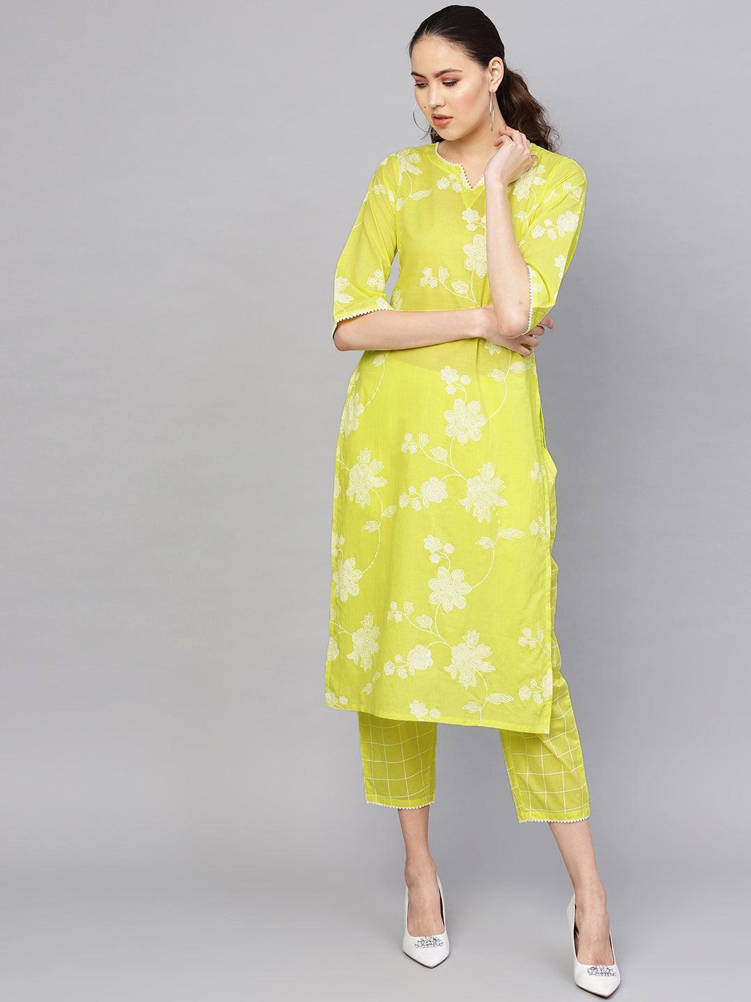 Lime Green Printed Cotton Straight Kurta With Trousers