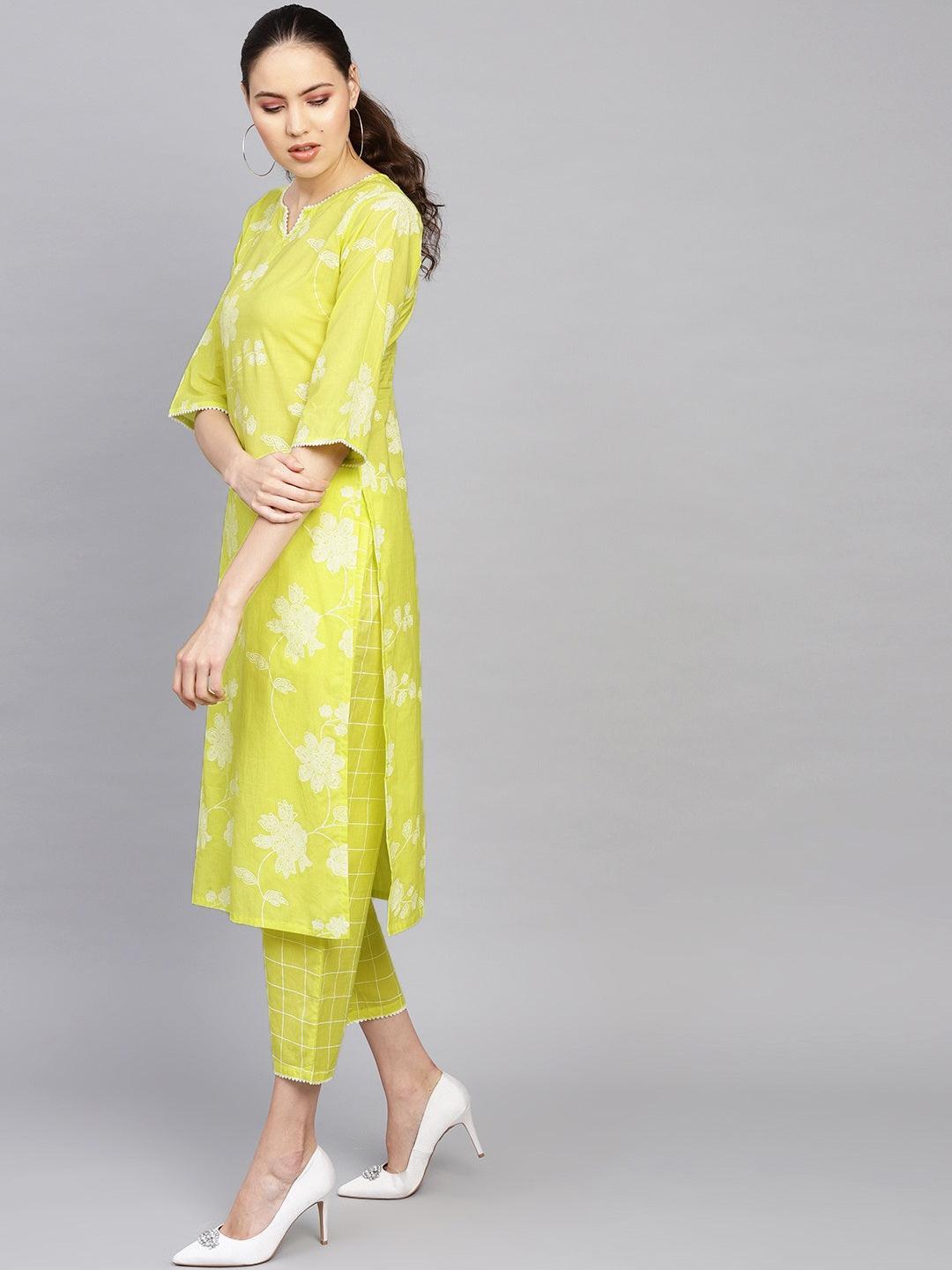 Lime Green Printed Cotton Straight Kurta With Trousers