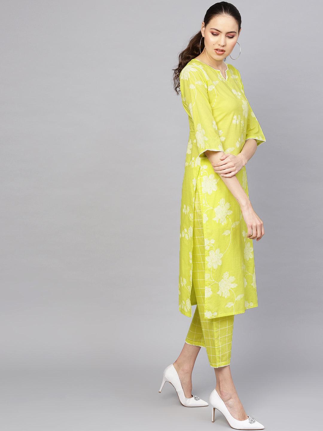 Lime Green Printed Cotton Straight Kurta With Trousers