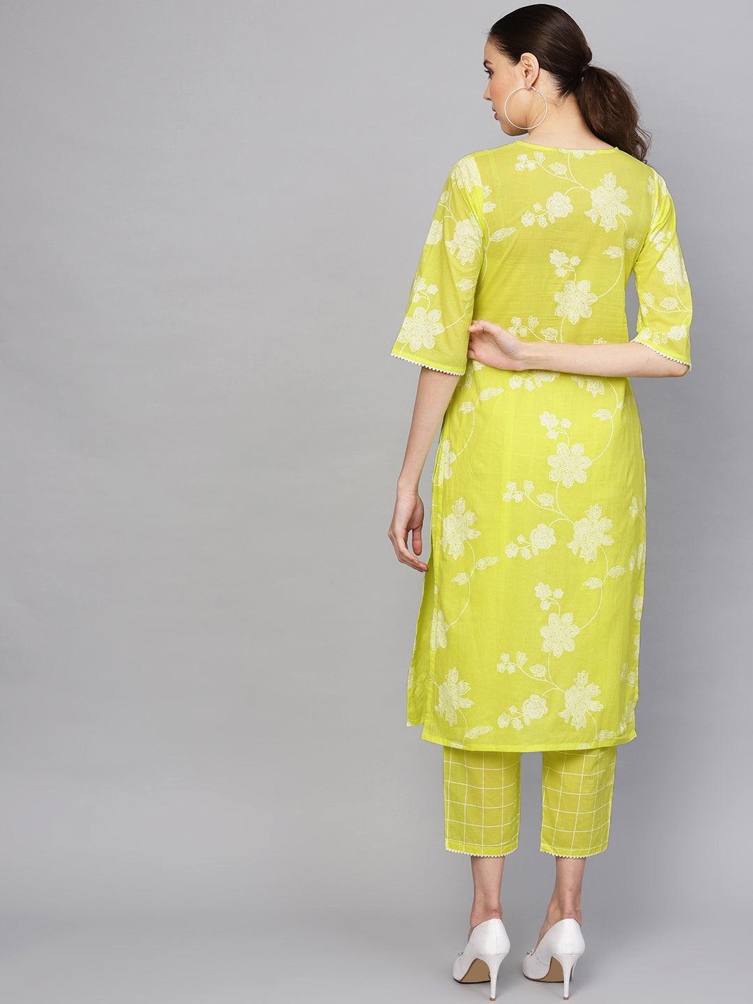 Lime Green Printed Cotton Straight Kurta With Trousers