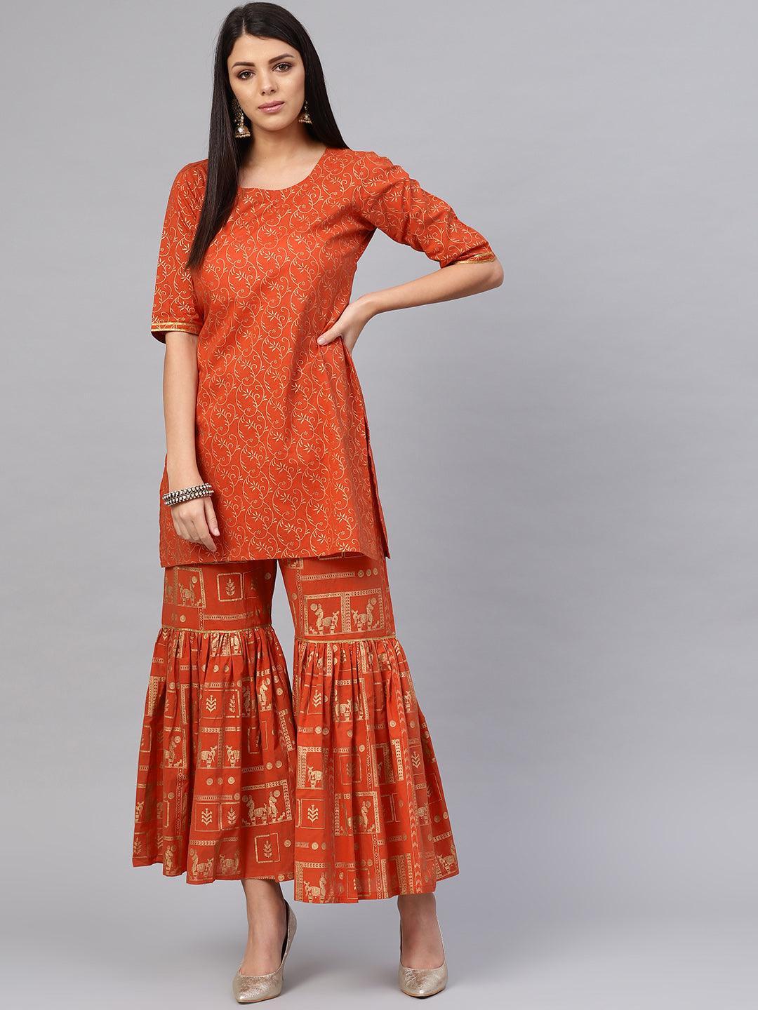 Rust Printed Cotton Kurta Set - ShopLibas