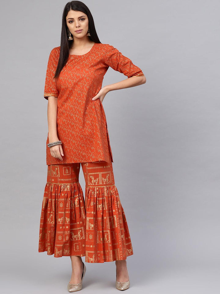 Rust Printed Cotton Kurta Set - ShopLibas