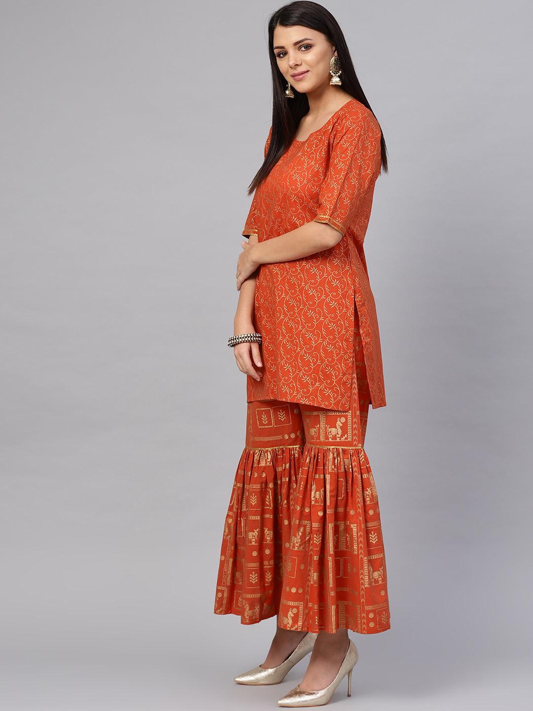 Rust Printed Cotton Kurta Set - ShopLibas