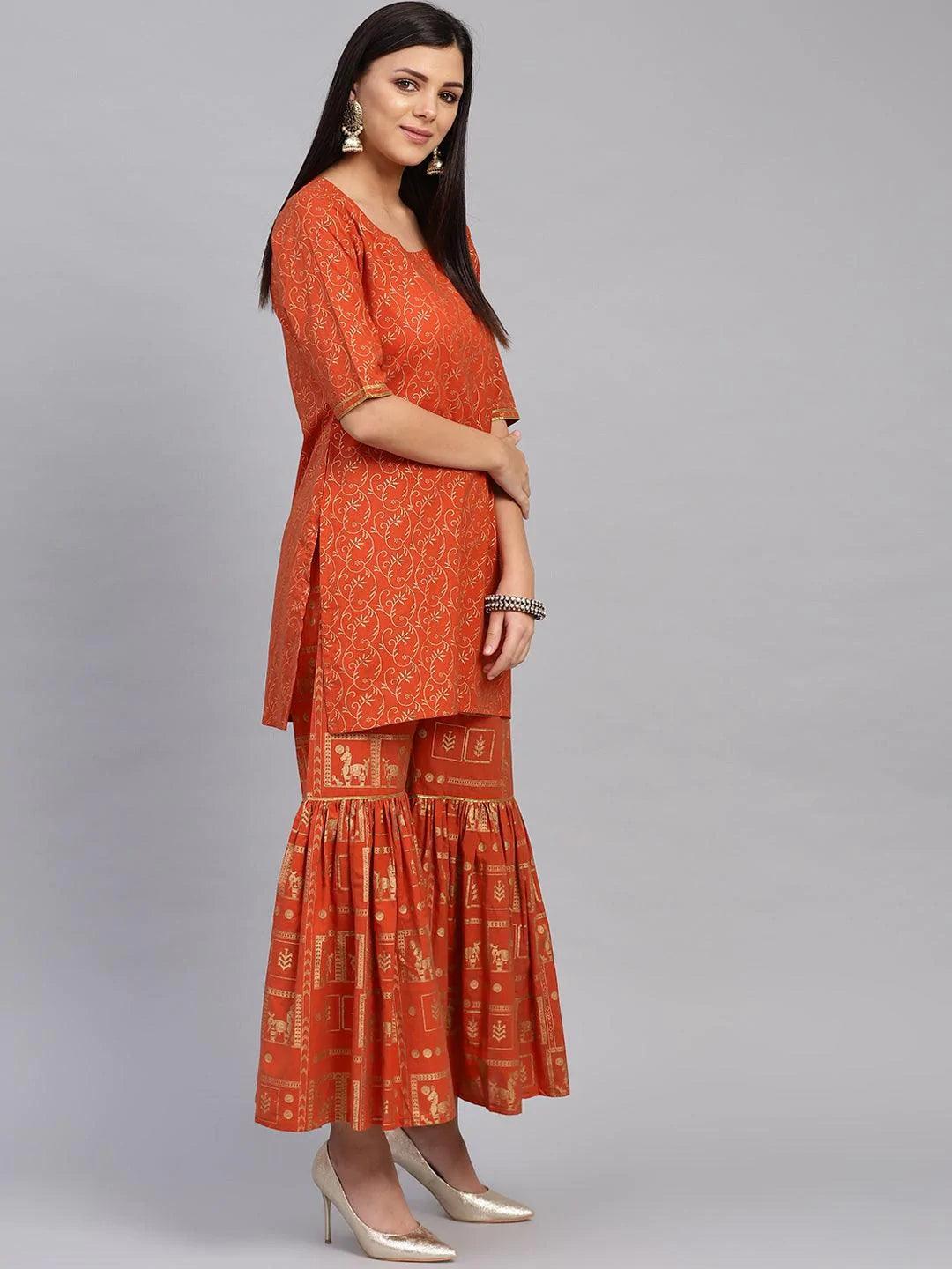 Rust Printed Cotton Kurta Set - ShopLibas