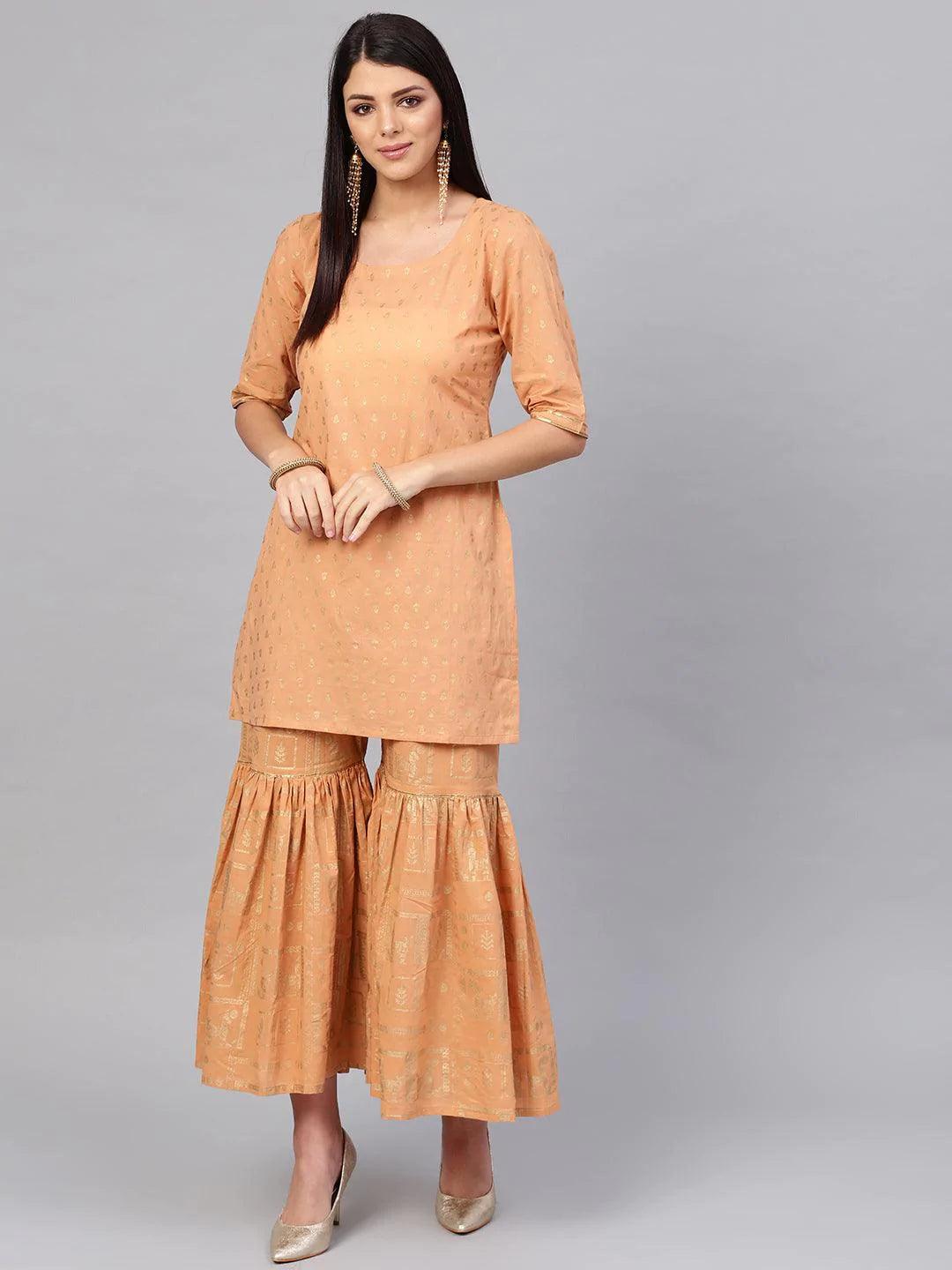 Beige Printed Cotton Kurta Set