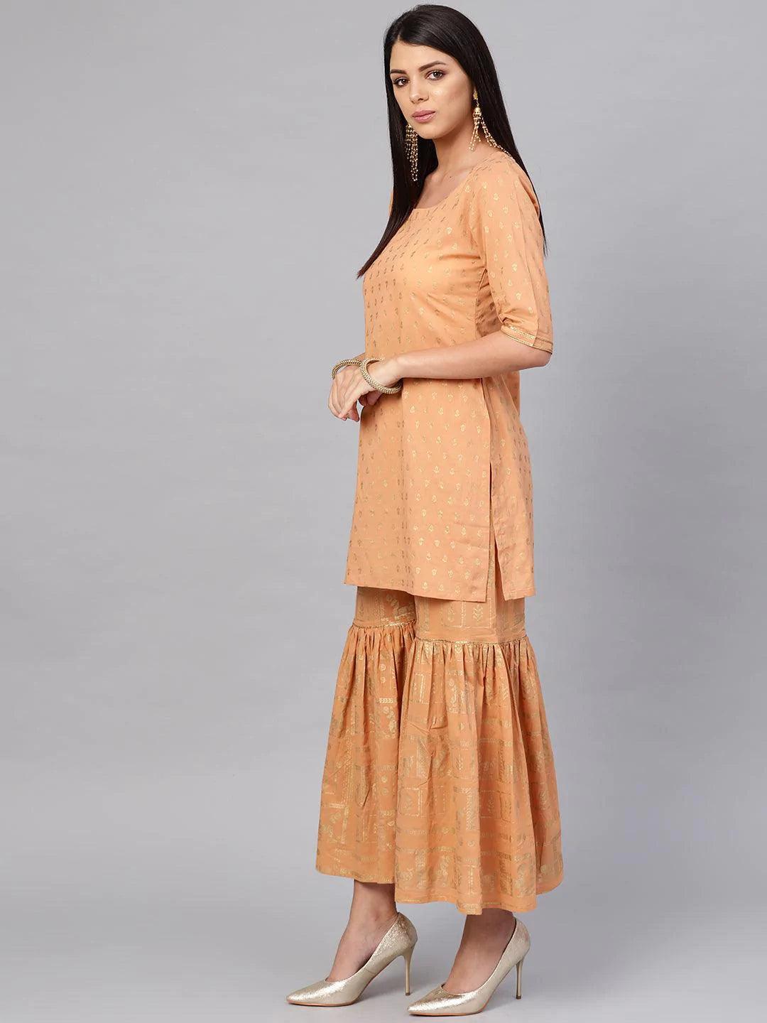 Beige Printed Cotton Kurta Set