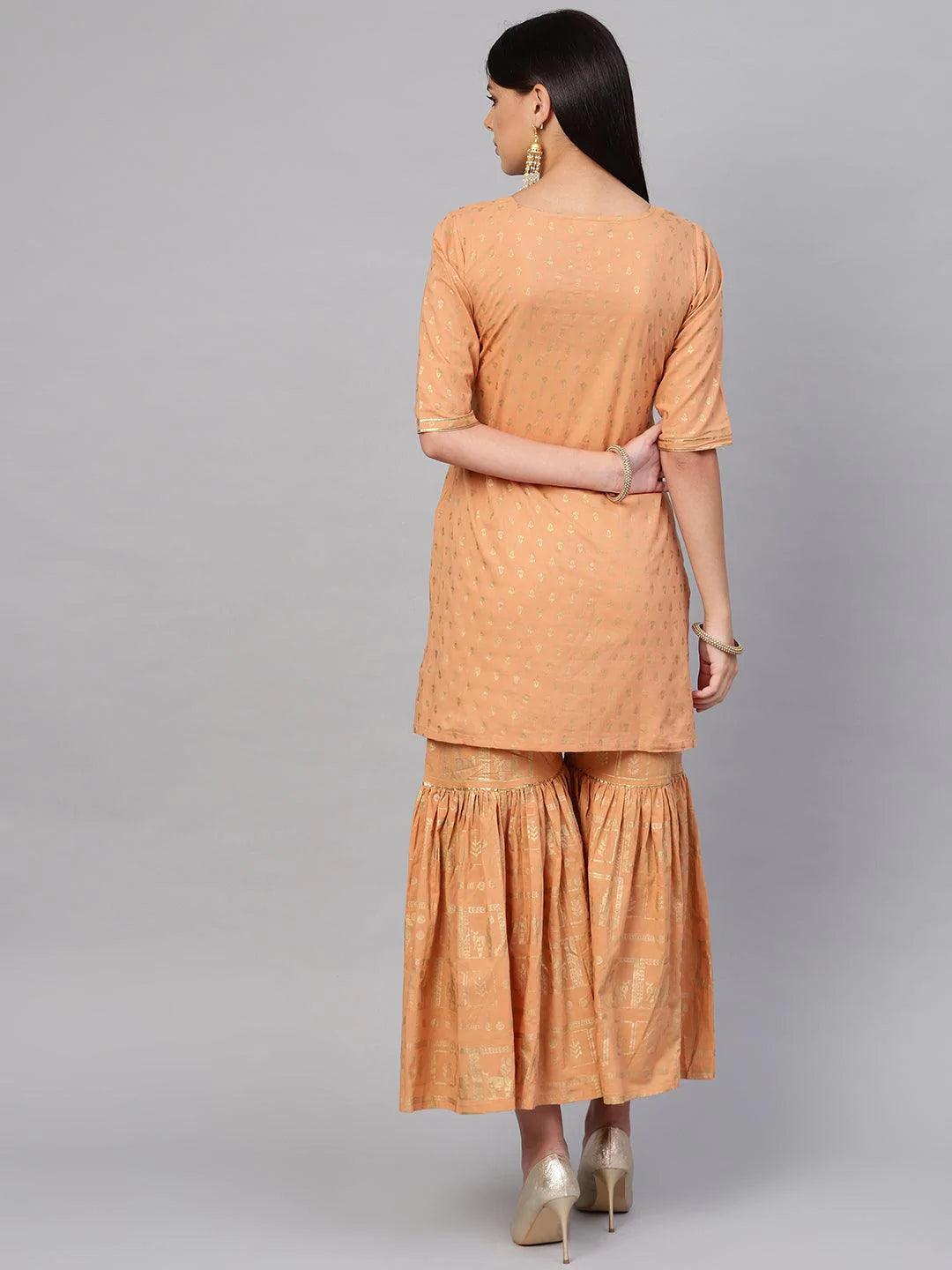 Beige Printed Cotton Kurta Set