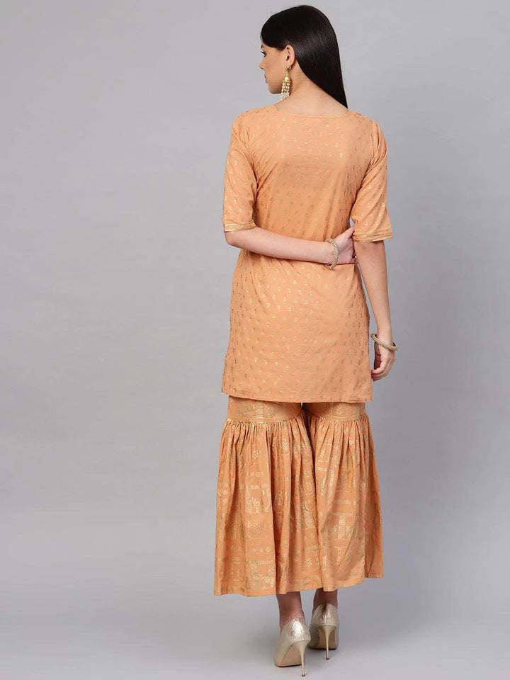 Beige Printed Cotton Kurta Set - ShopLibas