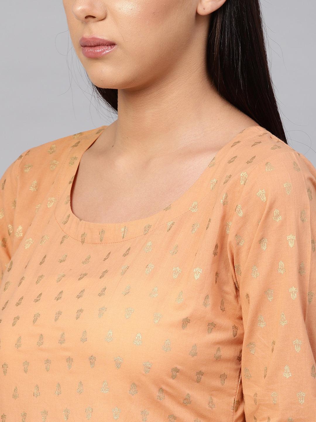 Beige Printed Cotton Kurta Set