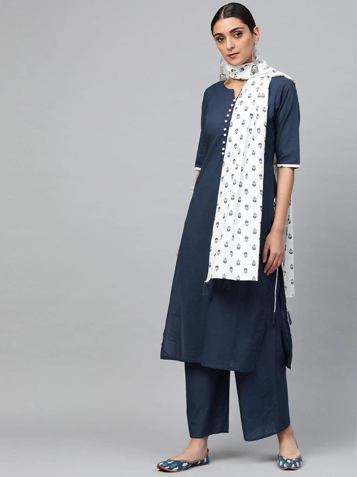 Blue Solid Cotton Suit Set - ShopLibas