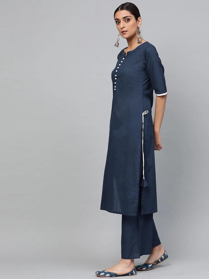 Blue Solid Cotton Suit Set - ShopLibas