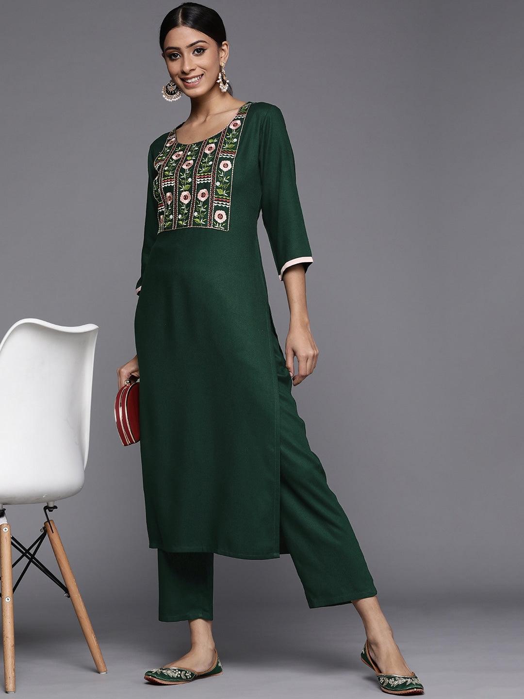 Green Printed Pashmina Wool Kurta