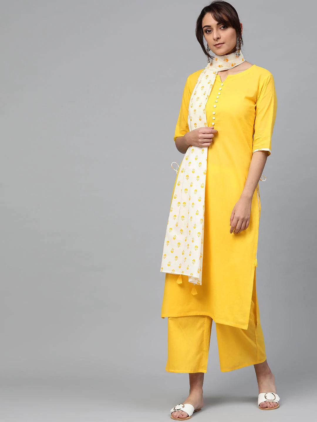 Yellow Solid Cotton Suit Set - ShopLibas