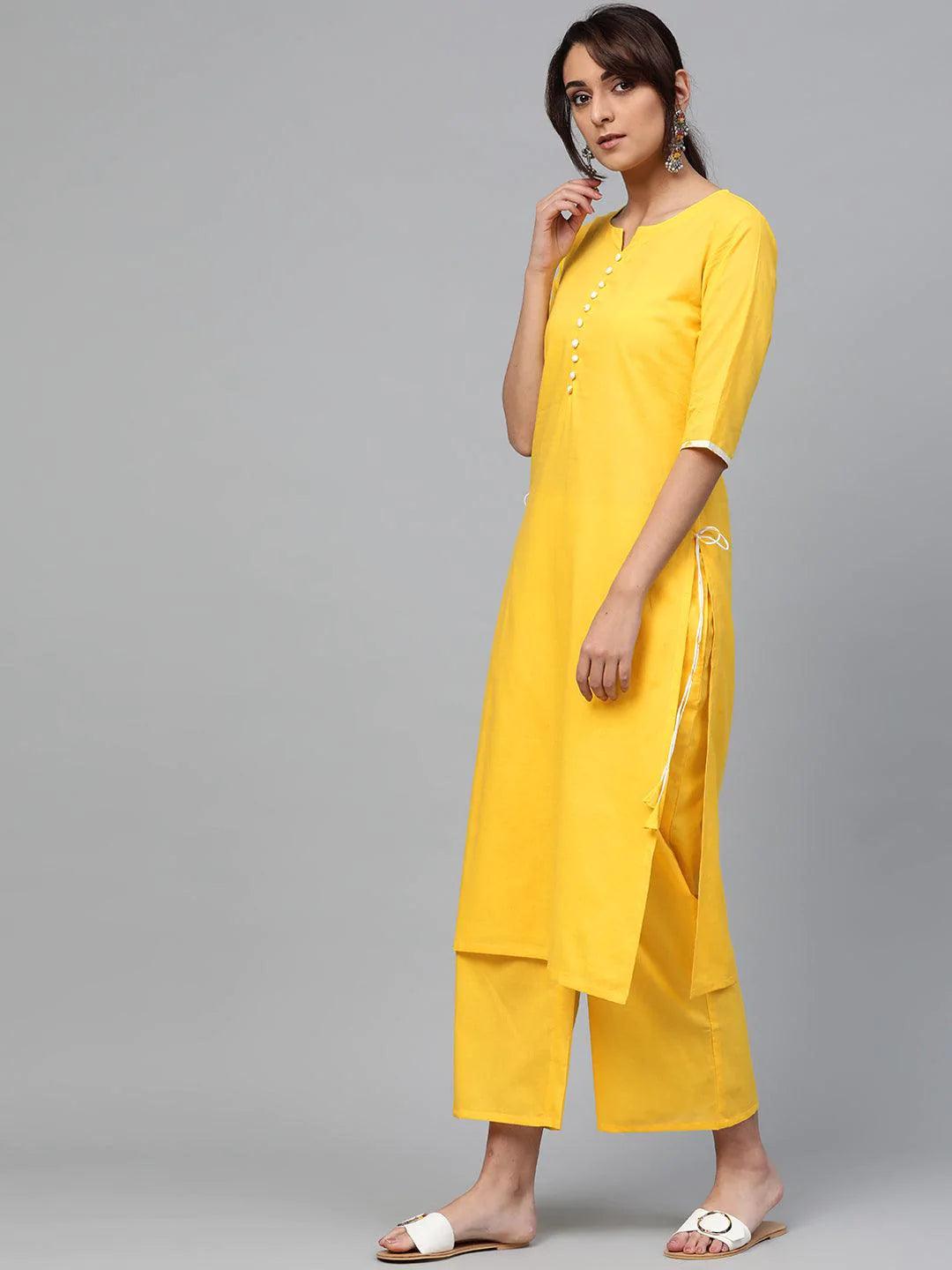 Yellow Solid Cotton Suit Set