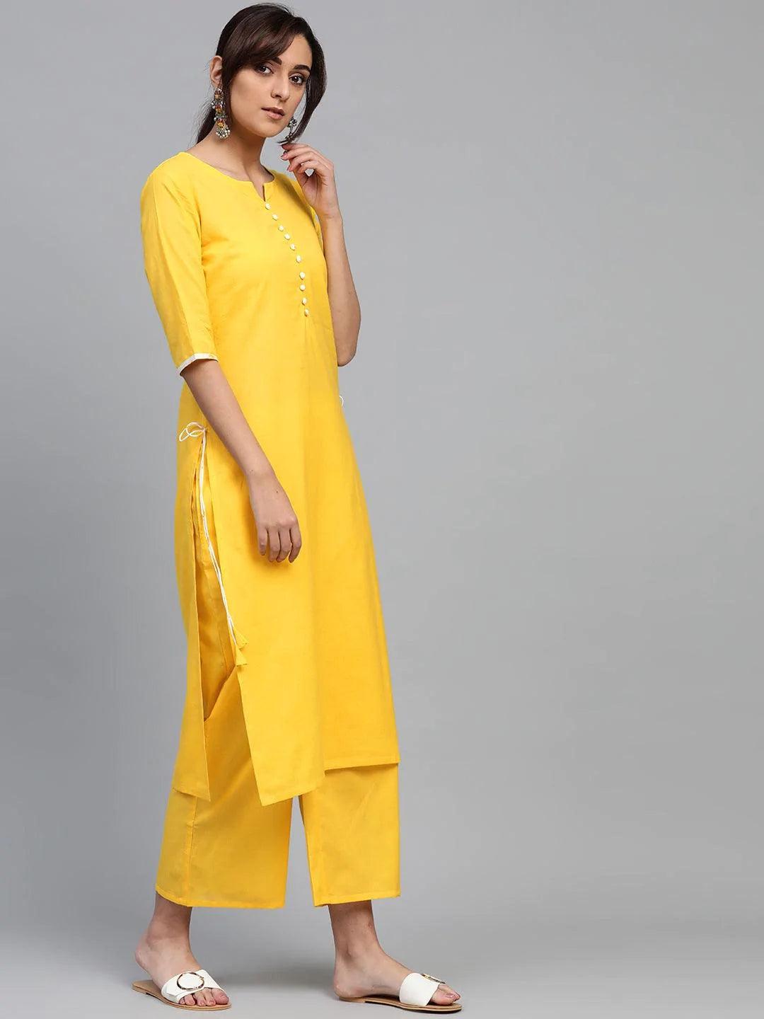 Yellow Solid Cotton Suit Set - ShopLibas