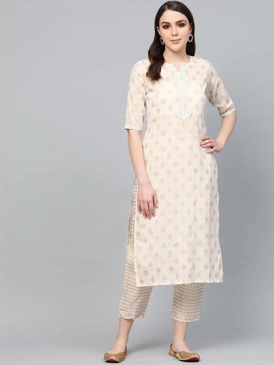 White Printed Cotton Kurta Set