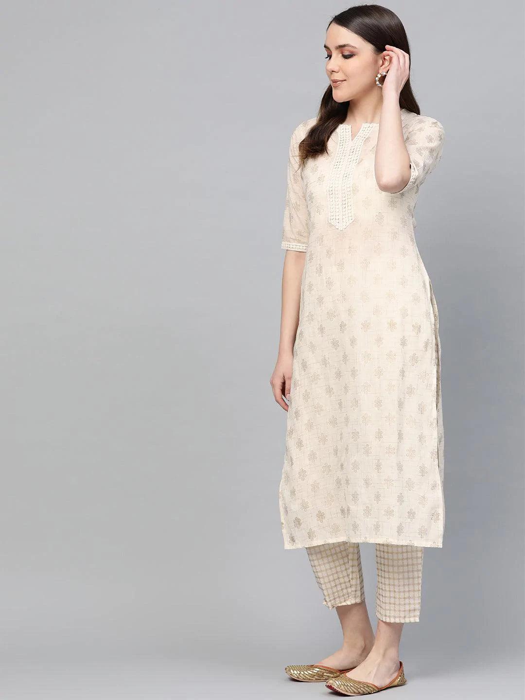 White Printed Cotton Kurta Set