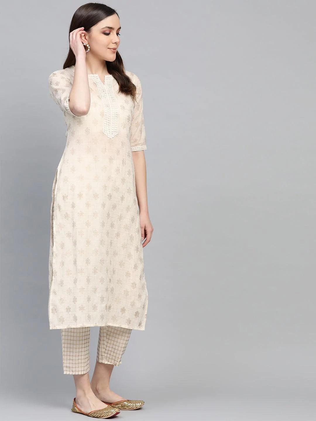 White Printed Cotton Kurta Set