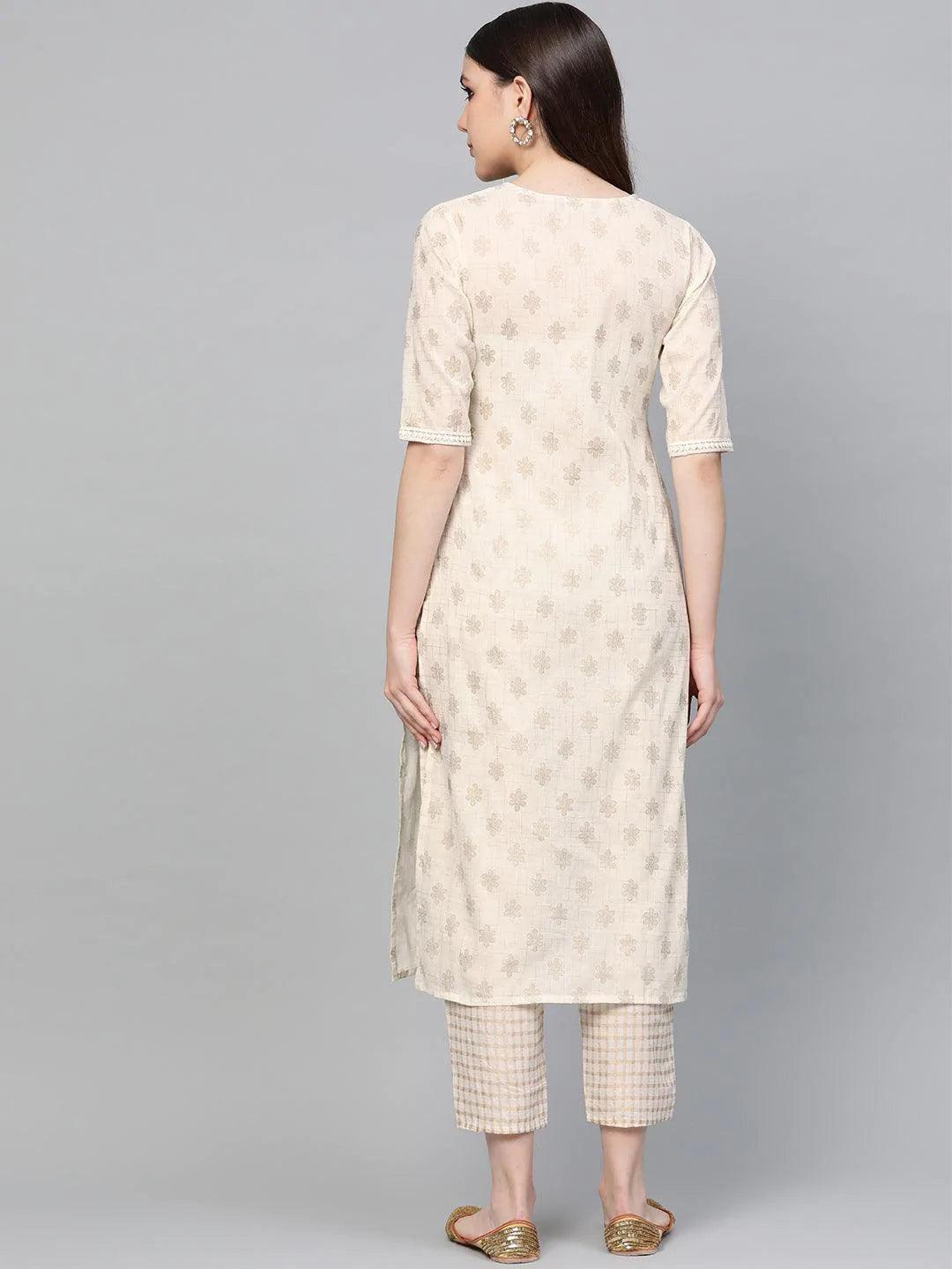 White Printed Cotton Kurta Set