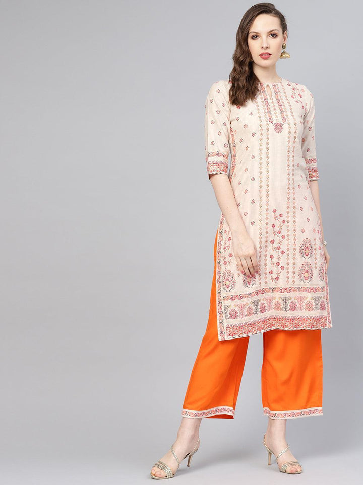 Beige Printed Cotton Kurta Set - ShopLibas