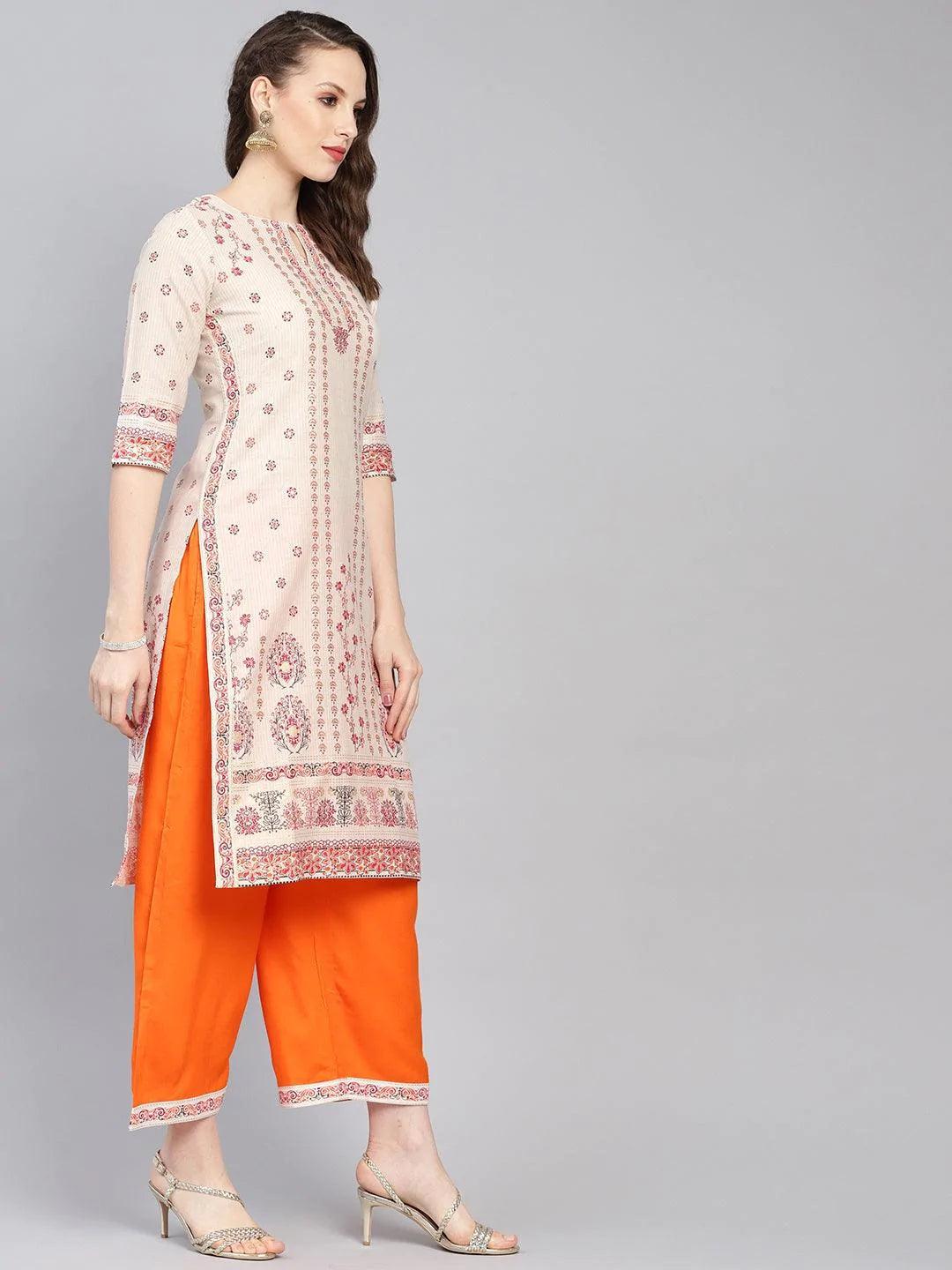 Beige Printed Cotton Kurta Set - ShopLibas