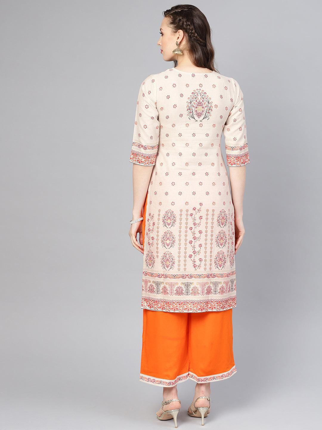 Beige Printed Cotton Kurta Set - ShopLibas