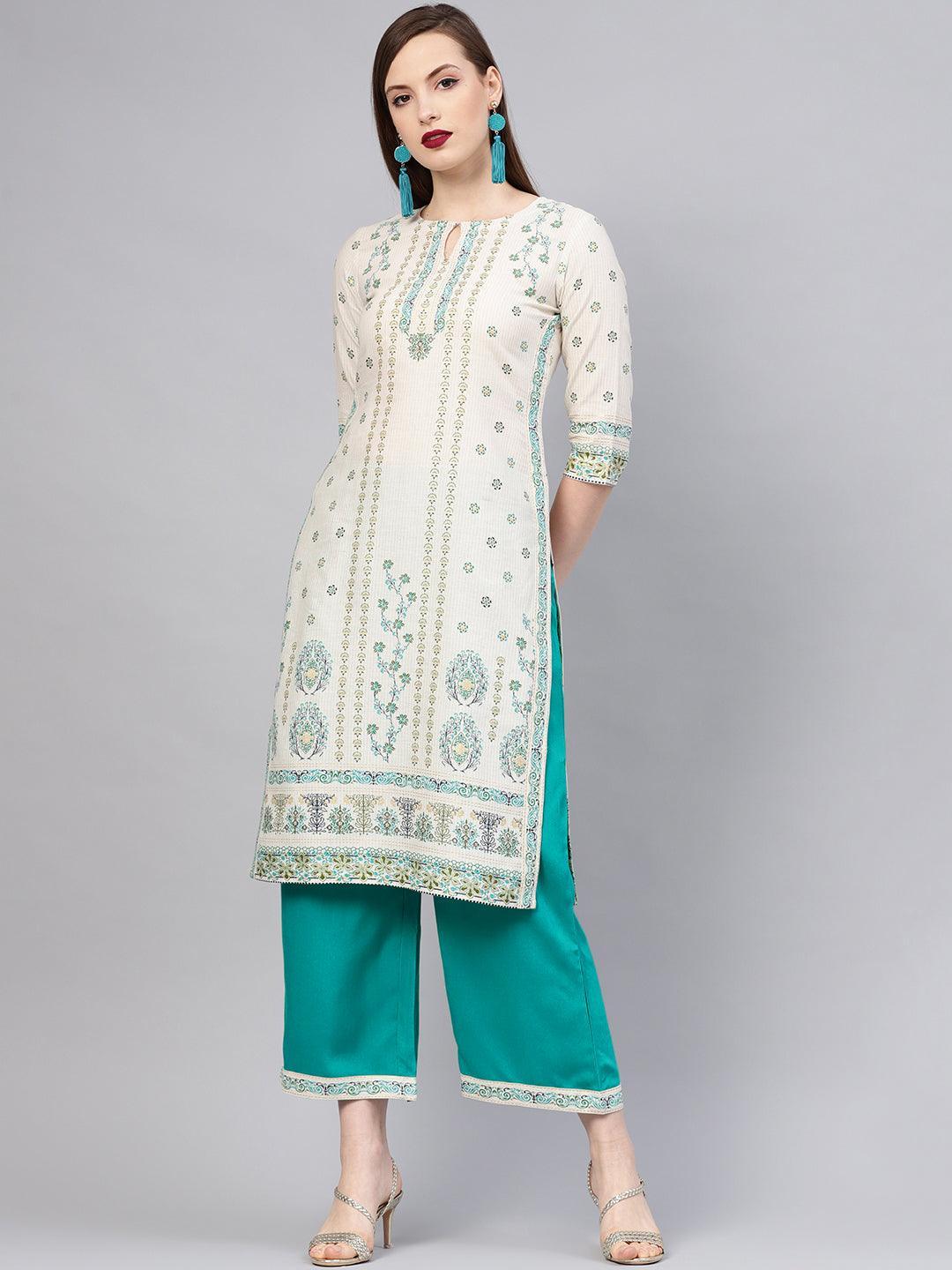 Beige Printed Cotton Kurta Set - ShopLibas