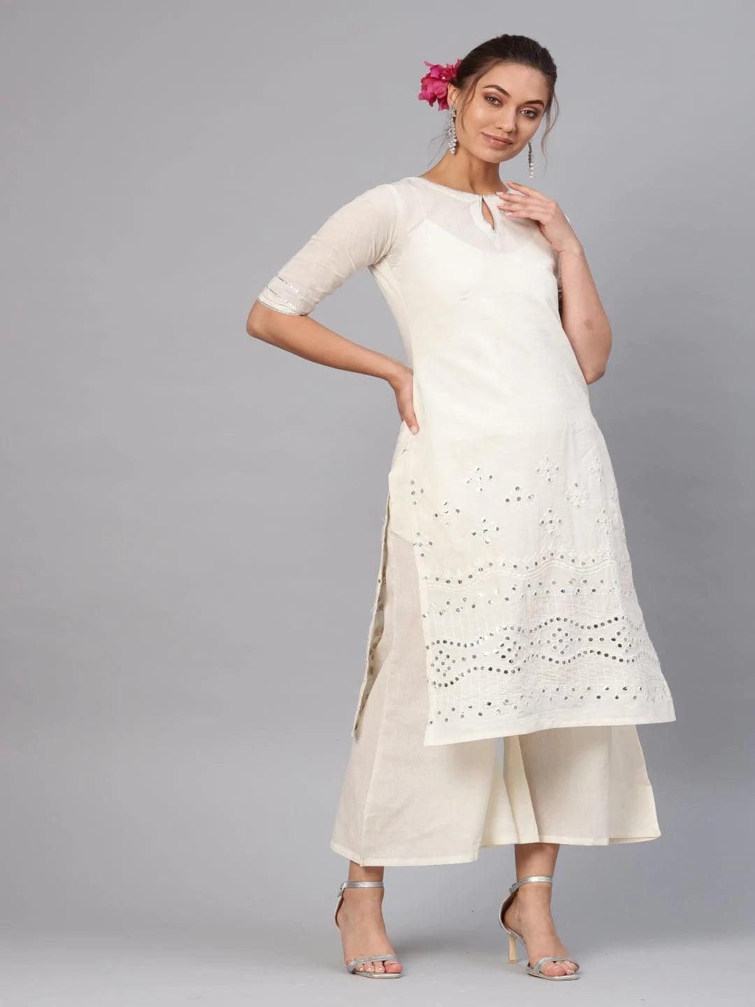 White Embroidered Cotton Kurta Set