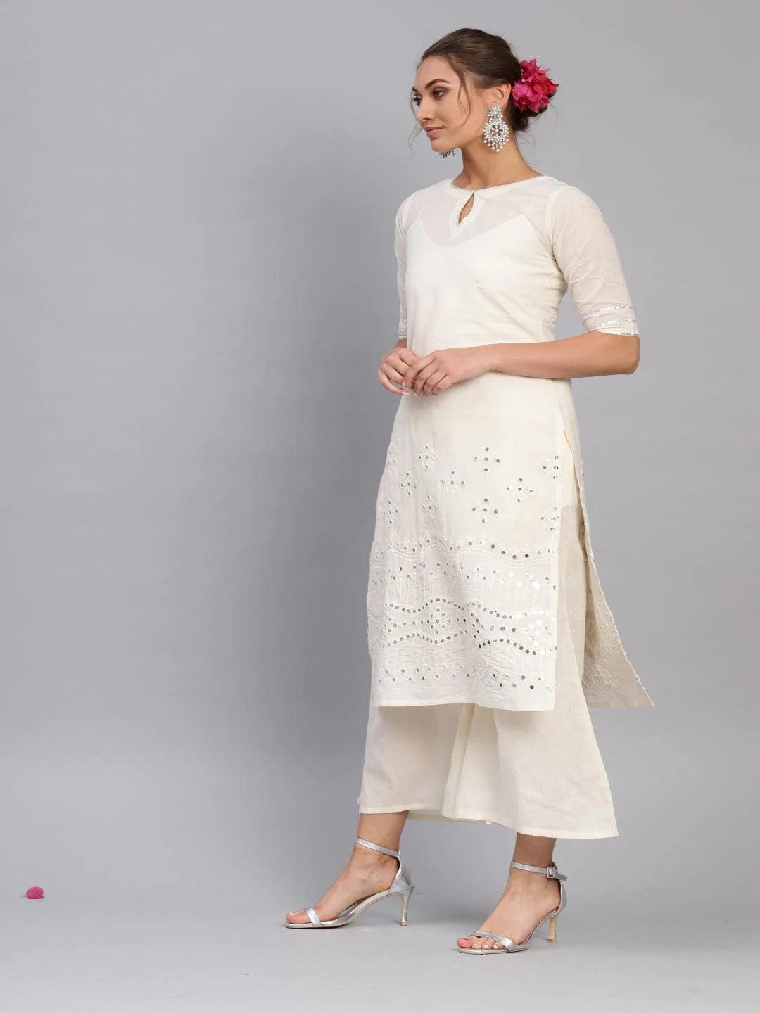 White Embroidered Cotton Kurta Set