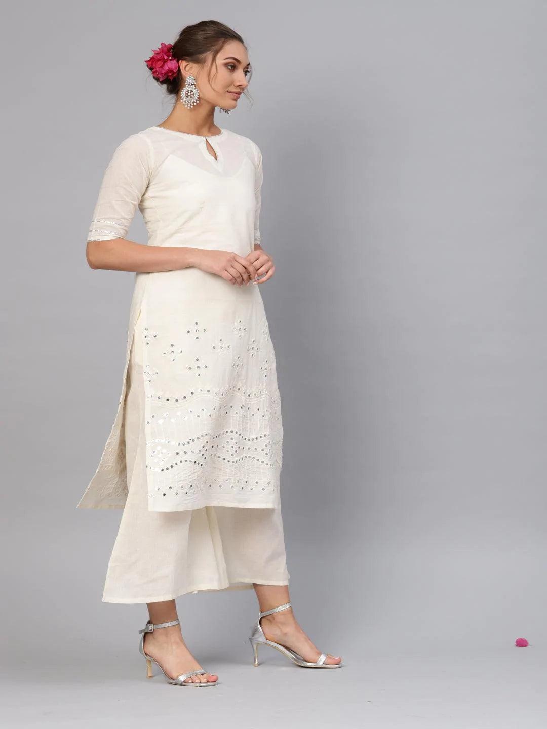 White Embroidered Cotton Kurta Set