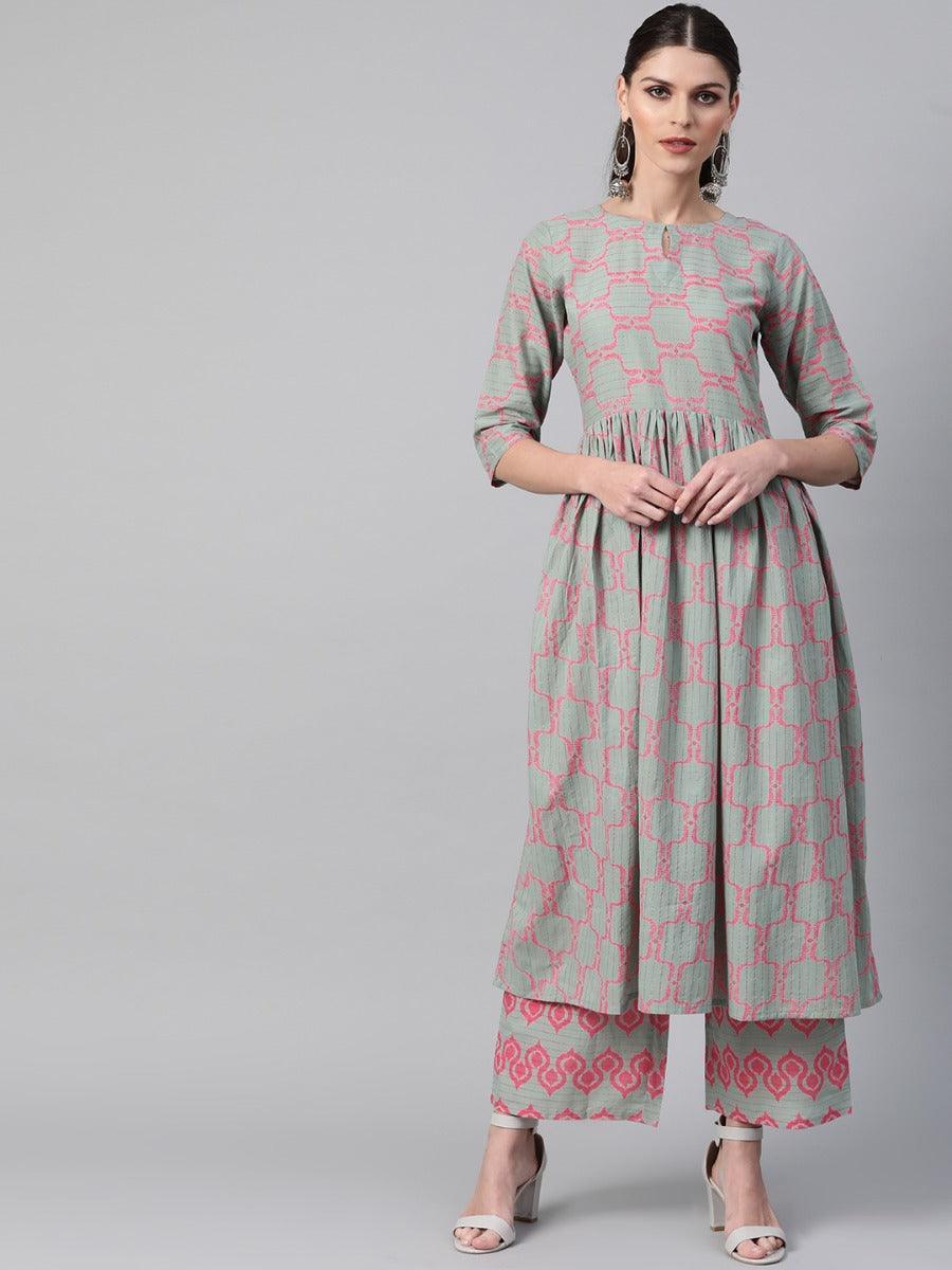 Green Printed Cotton Kurta Set