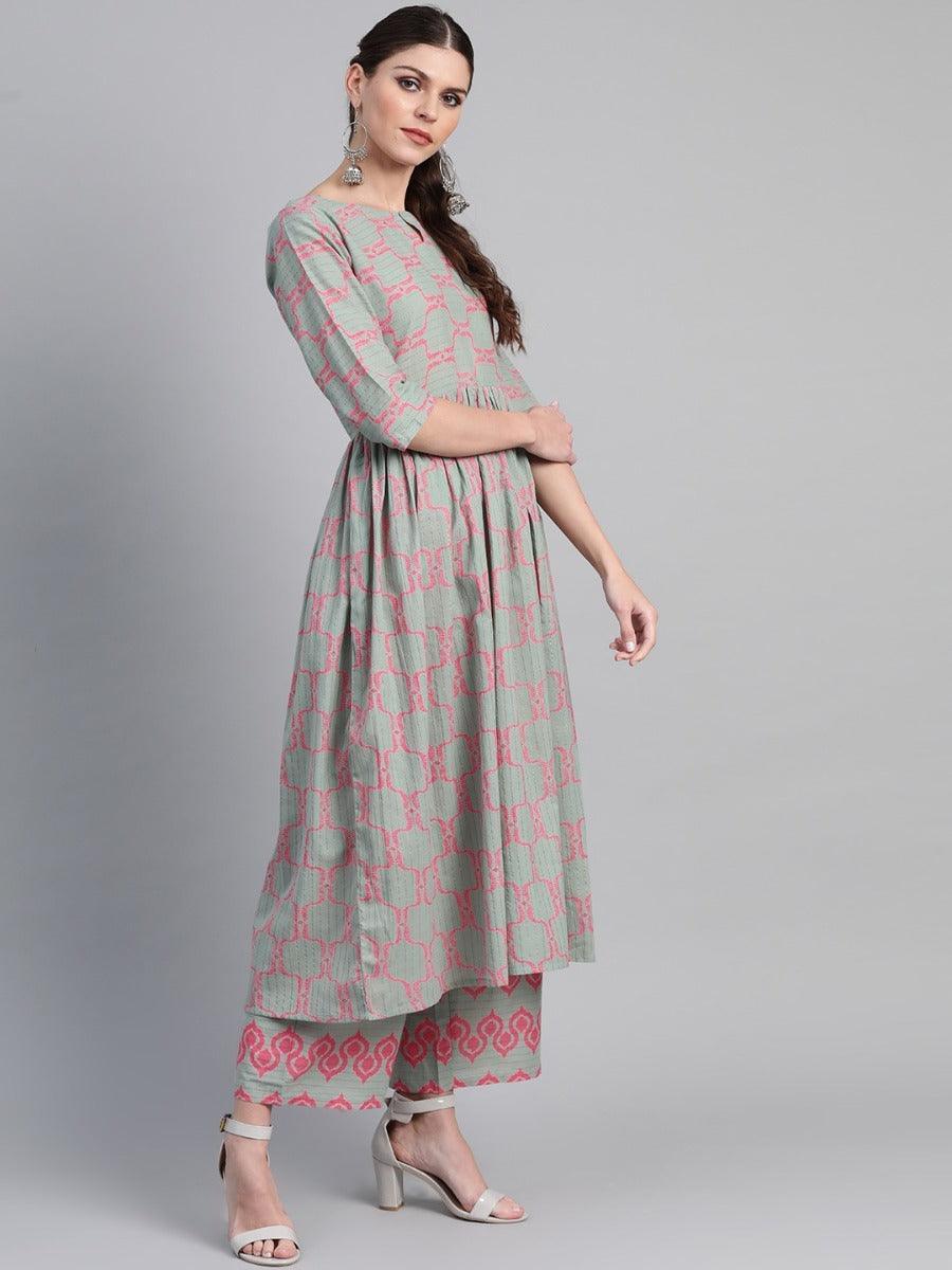 Green Printed Cotton Kurta Set