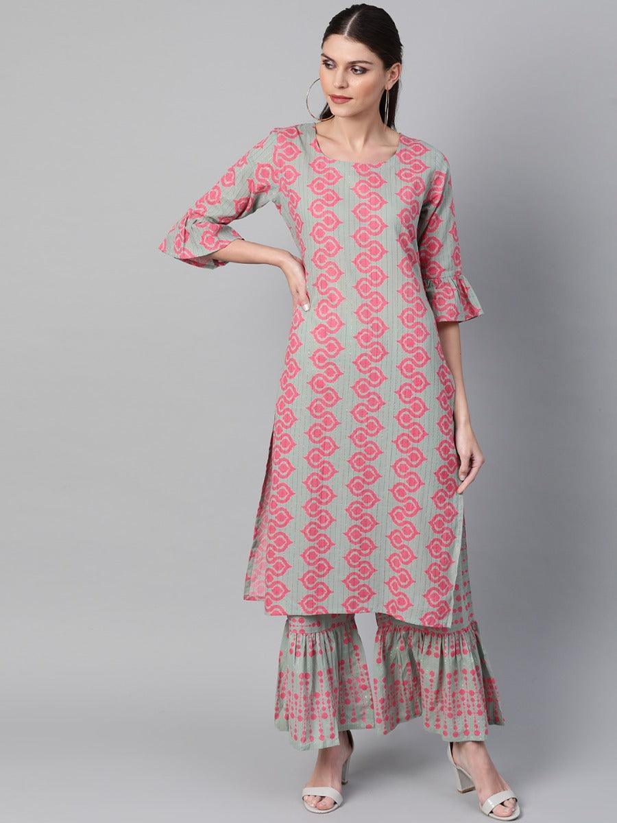 Green Printed Cotton Kurta Set