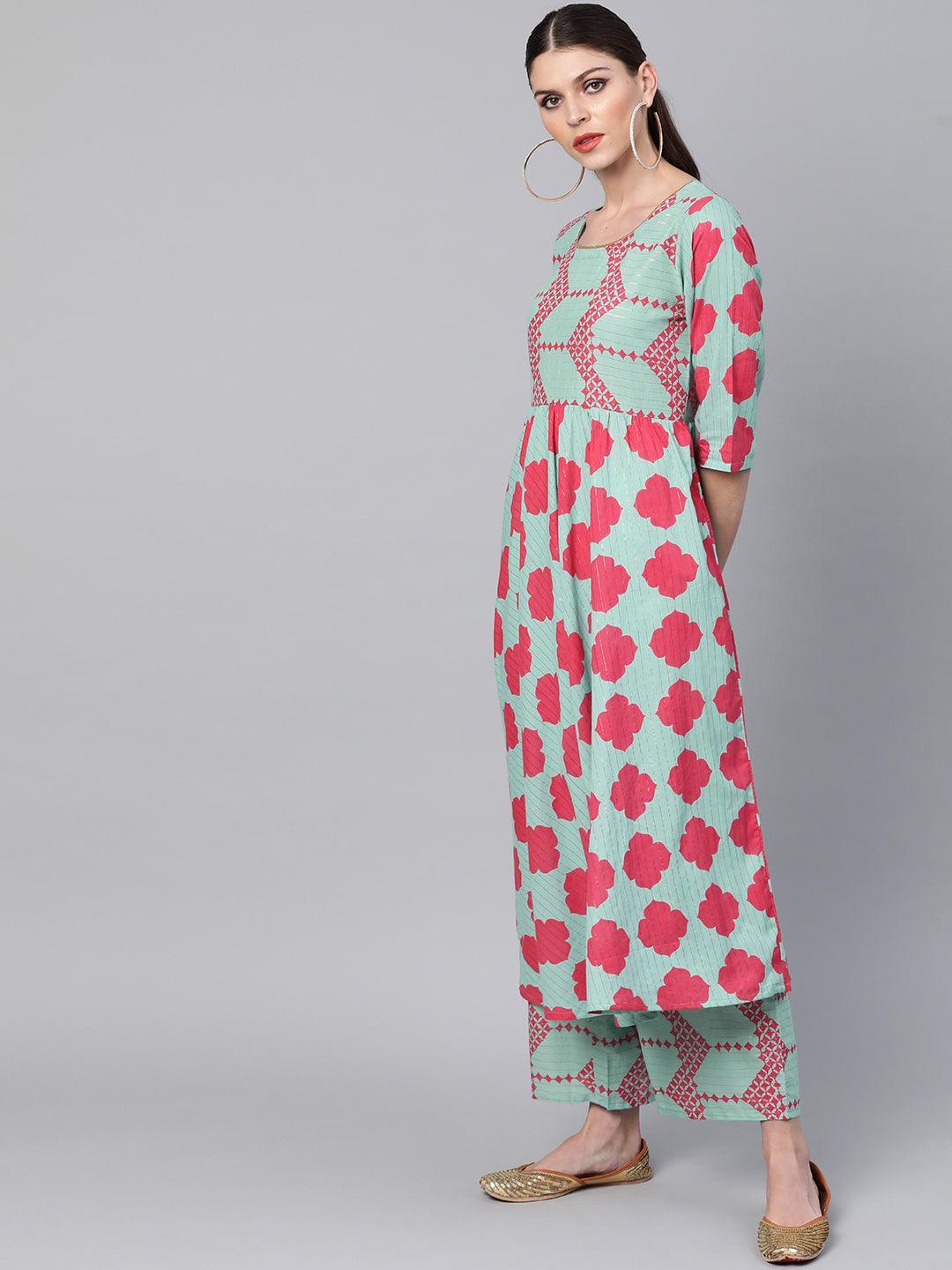 Blue Printed Cotton Kurta Set