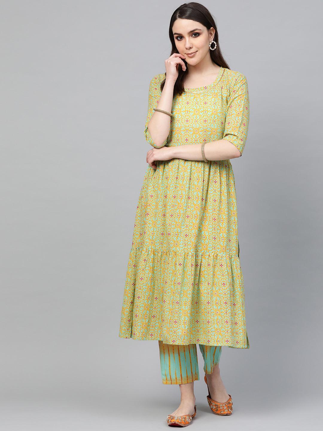 Green Printed Cotton Kurta Set